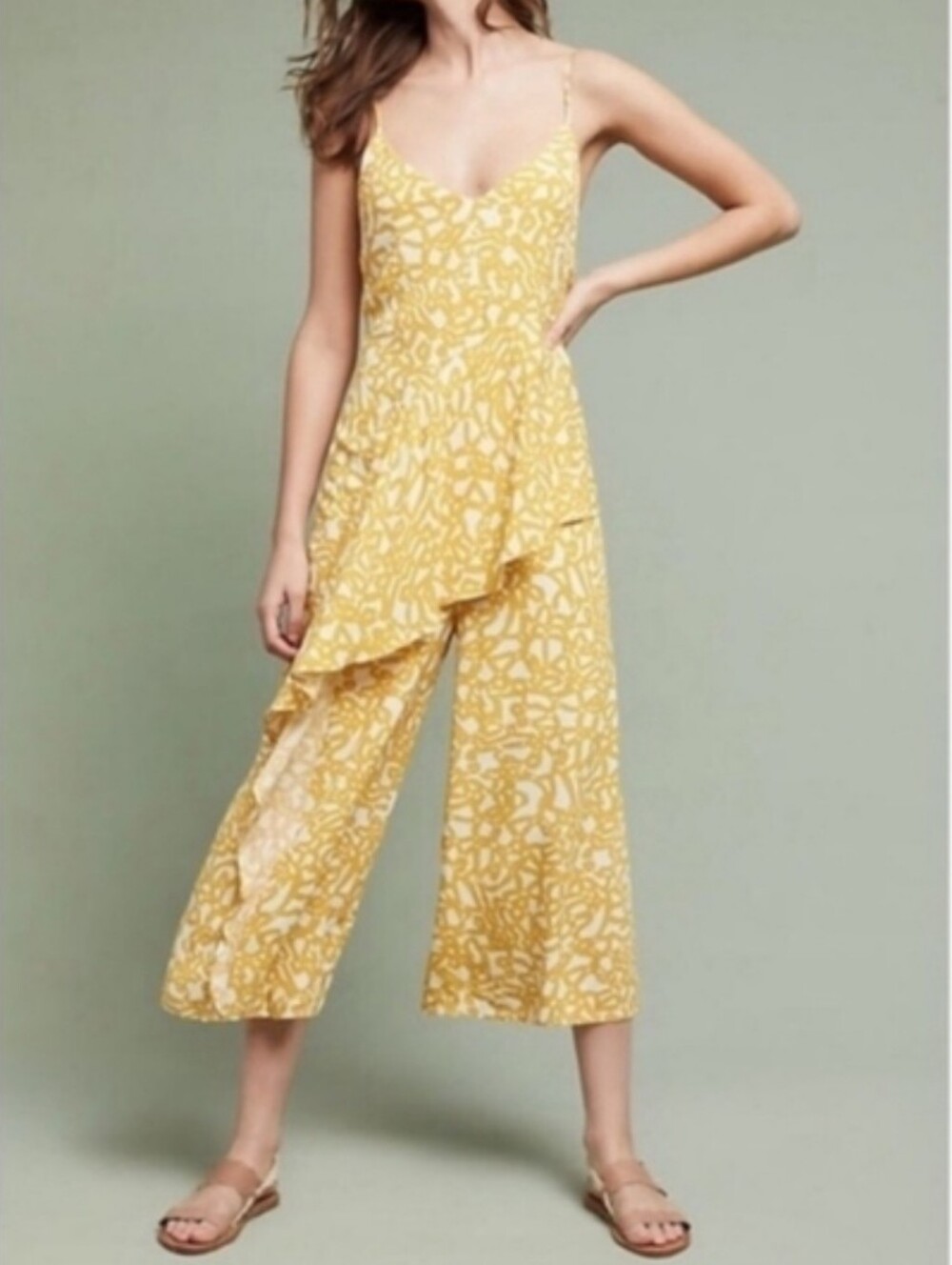 Anthropologie × Maeve Brittany Goldenrod Ruffled Jumpsuit Cropped Wide Leg 8